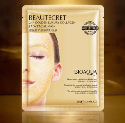 Антивозрастная гидрогелевая пептидная маска для лица  с золотом и пептидными нитями BIOAQUA Beautecret 24k Golden Luxury Collagen Lady Facial Mask