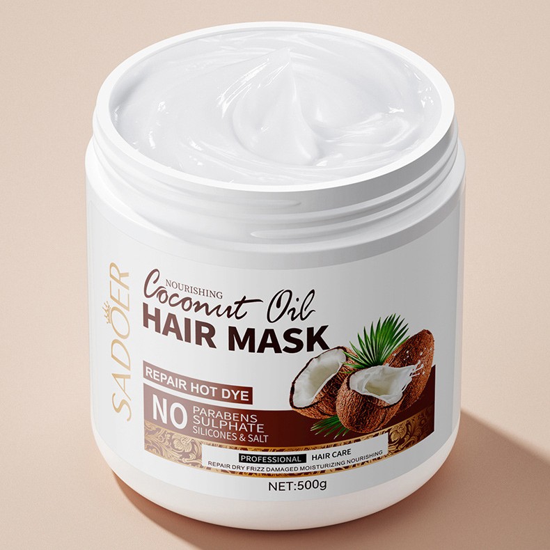 (НЕМНОГО ПОДТЕКШАЯ БАНКА) Питательная маска для волос с маслом кокоса SADOER, 500 гр.