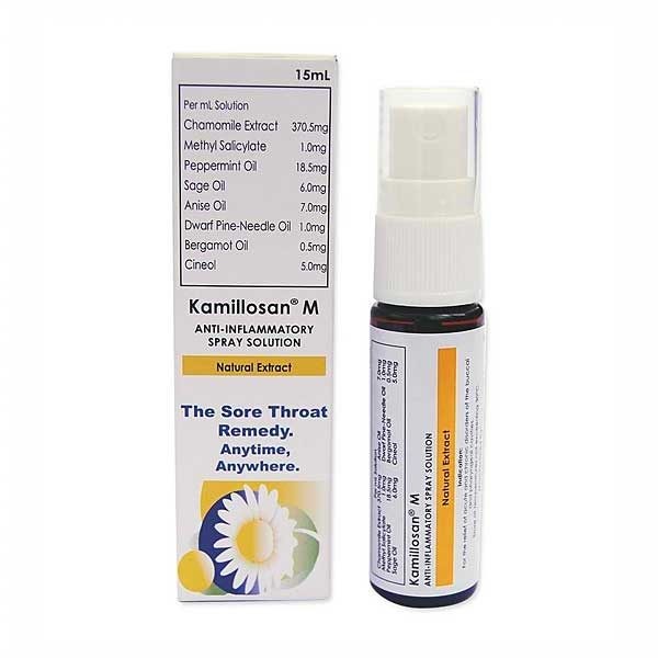 Противовоспалительный натуральный антибактериальный спрей для горла с ромашкой Kamillosan M, 15 мл. Таиланд