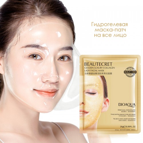 Антивозрастная гидрогелевая маска для лица с золотом и пептидными нитями BIOAQUA Beautecret 24k Golden Luxury Collagen Lady Facial Mask