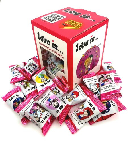 Жевательные сливочные конфеты Love is со вкусом КЛУБНИКИ + 4 наклейки, 105 гр. 