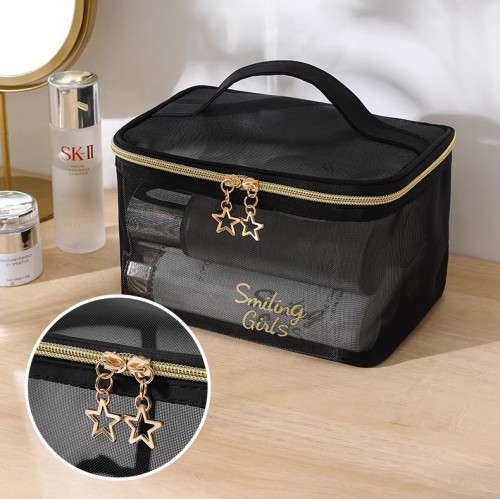 Косметичка прозрачная из плотной сетки 21*13*12 см., Черно-Золотая