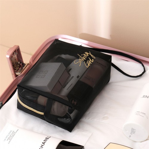 Косметичка прозрачная из плотной сетки 18*12*9 см., Черно-Золотая