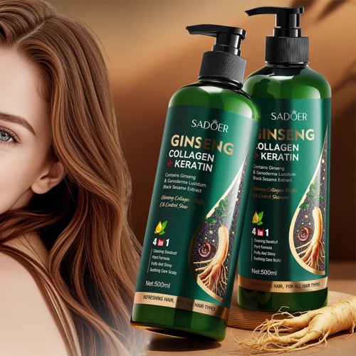 Шампунь с корнем женьшеня, кератином, черным кунжутом и грибом рейши Sadoer, 500 мл.